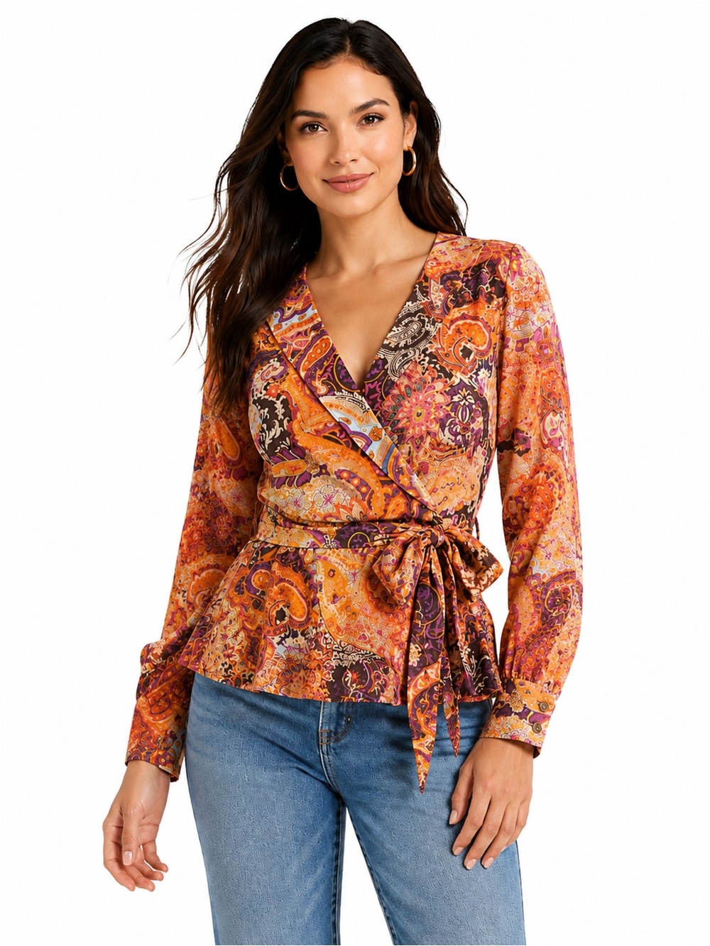 Lauren Ralph Lauren‎ Petite P/M Paisley Wrap Top Peplum Tie Waist 100% Cotton